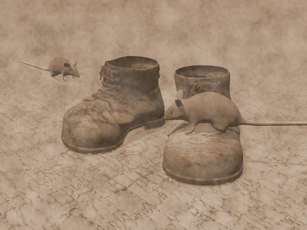 Old boots and rats - 3D render — Stock Photo, Image