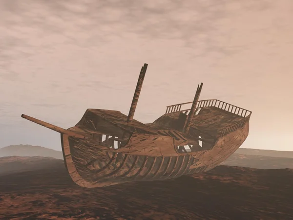 Destruir barco velho na areia renderizar 3D — Fotografia de Stock