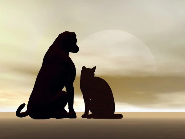 Katt och hund vänskap - 3d render — Stockfoto