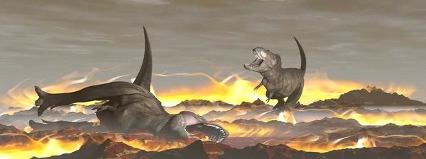 Extinción de dinosaurios tiranosaurio - 3D render — Foto de Stock