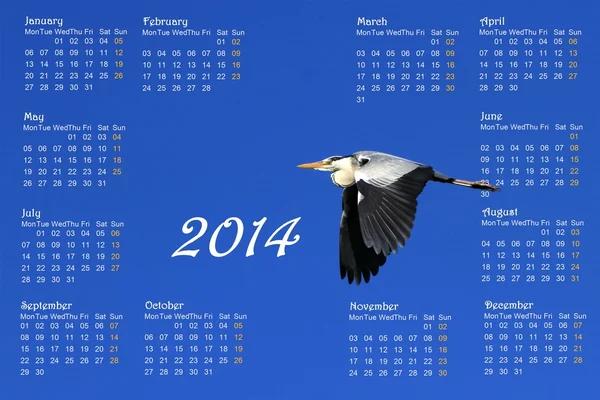 2014 english calendar with heron in flight — Stock Photo, Image