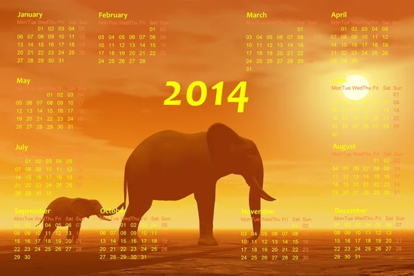 Sloni 2014 kalendář - 3d vykreslení — Stock fotografie