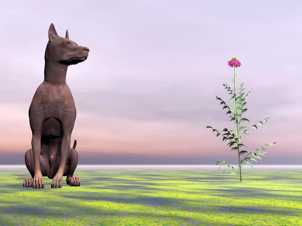 Doberman perro al lado de la hermosa flor - 3D render — Foto de Stock