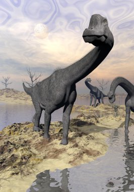 Brachiosaurus dinozorlar yakınındaki su - 3d render
