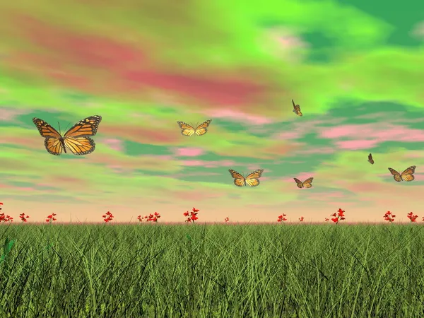 Mariposas monarca en la naturaleza - 3D render — Foto de Stock