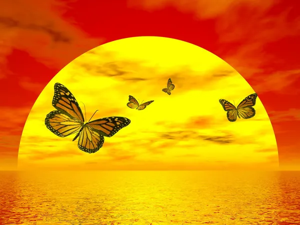 Monarca borboletas indo para o sol renderizar 3D — Fotografia de Stock