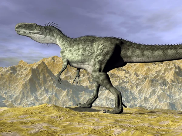 砂漠の 3 d レンダリングでモノロフォサウルス恐竜 — ストック写真
