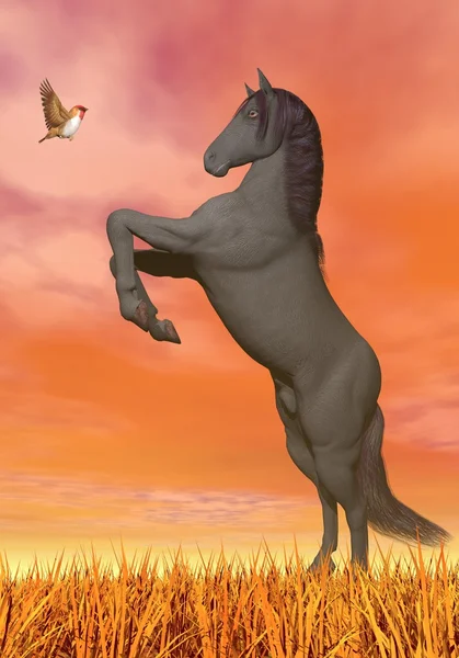 Koń i motyl spotkanie renderowania 3d — Zdjęcie stockowe