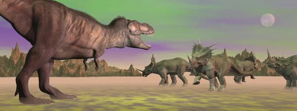 Тираннозавр атакующий стиракозавра - 3D рендеринг — стоковое фото