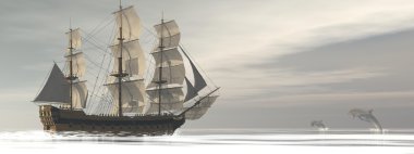 Old merchant ship and dolphins - 3D render clipart