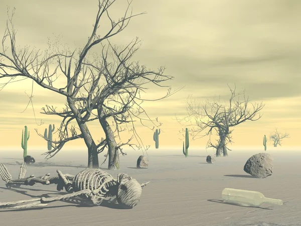 Esqueleto no deserto - renderização 3D — Fotografia de Stock
