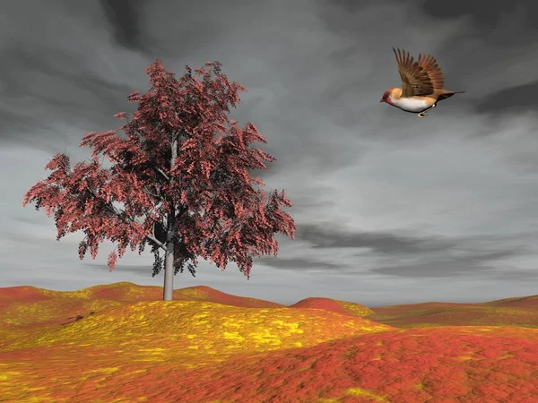 Vogel fliegt zum Herbstbaum - 3D-Rendering — Stockfoto