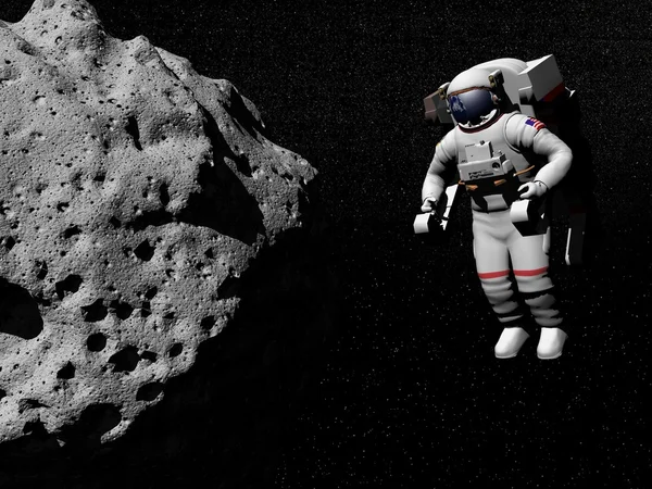 Astronauta explorando asteróide renderização 3D — Fotografia de Stock