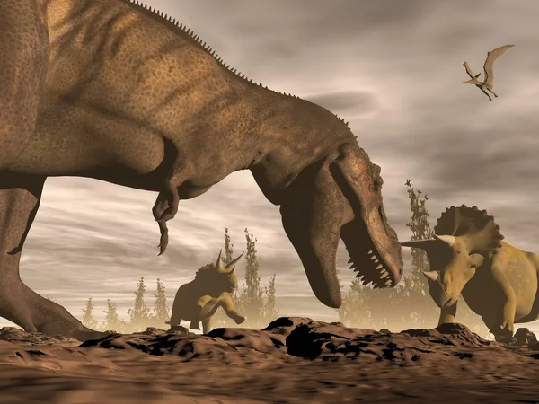 Tyrannosaurus rugiendo en triceratops - 3D render — Foto de Stock