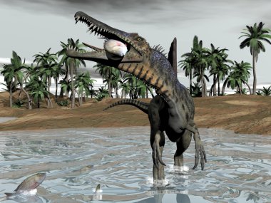 Spinosaurus dinosaur eating fish - 3D render clipart