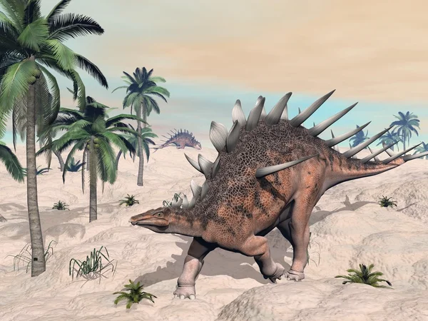 Dinossauros Kentrosaurus no deserto renderizar 3D — Fotografia de Stock