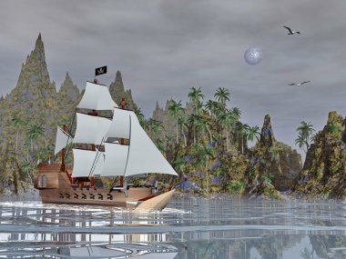 korsan gemisi tarafından gece - 3d render