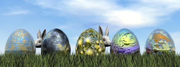 Uova di Pasqua e coniglio - rendering 3D — Foto Stock