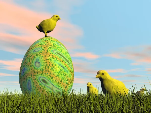 Easter egg and chicks - 3D render — Stock Photo, Image