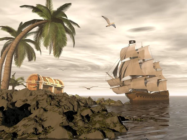 Pirate ship finding treasure - 3D render — Stock Photo, Image