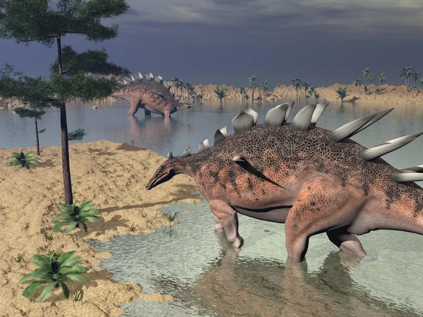 Dinosauri Kentrosaurus nel deserto - rendering 3D — Foto Stock