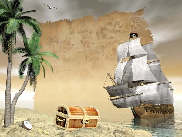 Pirate ship finding treasure - 3D render — Stock Photo, Image