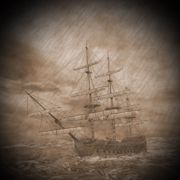 Old ship in the storm - 3D render