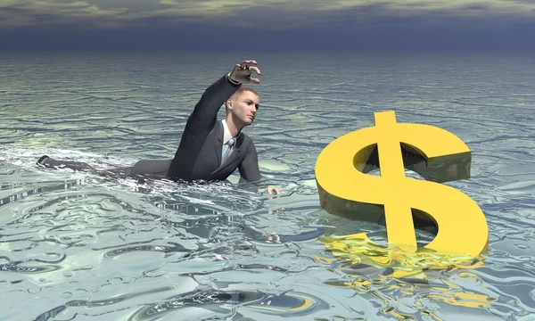Empresário e afundamento do dólar - renderização 3D — Fotografia de Stock
