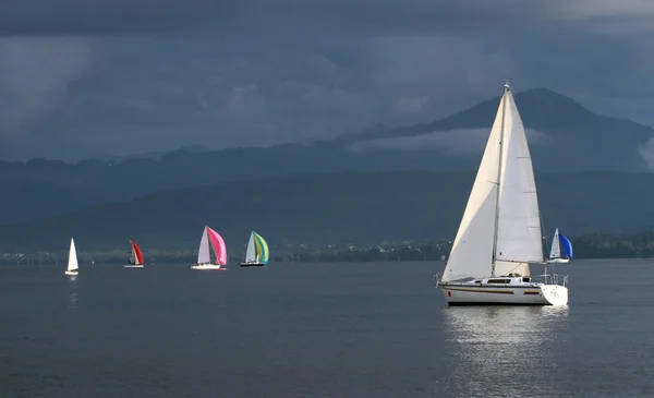 Sailing boats by stormy weather, Geneva lake, Switzerland — Stock Photo, Image