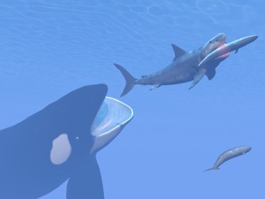 katil balina köpekbalığı megalodon küçük mavi yeme saldıran kişi - 3d render