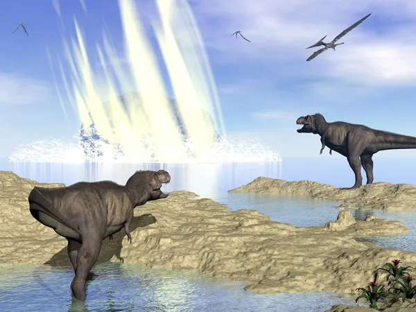 End of dinosaurs due to meteorite impact in Yucatan, Mexico - 3D render — Stock Photo, Image