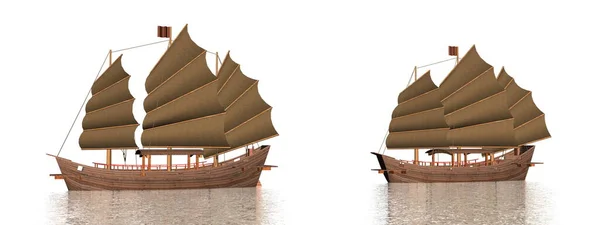 Two oriental junks on the water - 3D render — Zdjęcie stockowe