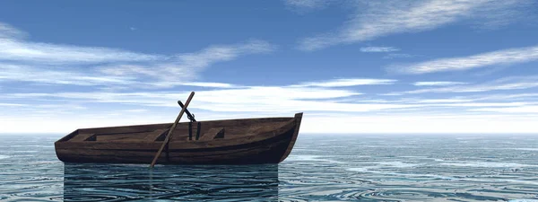 Barco de madera pequeño en el agua - 3D render — Foto de Stock