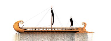 Suda beyaz arka planda bir Yunan trireme teknesi - 3D görüntüleme