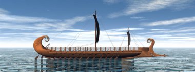 Gündüz denizde bir Yunan trireme teknesi - 3D görüntüleme