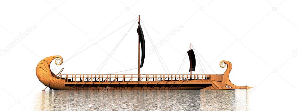 One greek trireme boat on the water in white background - 3D render