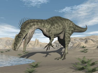 Monolophosaurus dinosaur in the desert - 3D render clipart