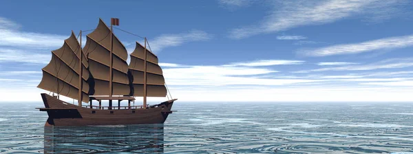 Brown oriental junk on the water -3D render — Stock Photo, Image