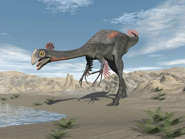 Dinosaure Gigantoraptor dans le désert - rendu 3D — Photo