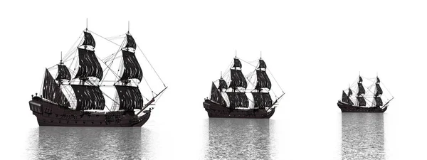 Tre antiche navi sull'acqua - rendering 3D — Foto Stock