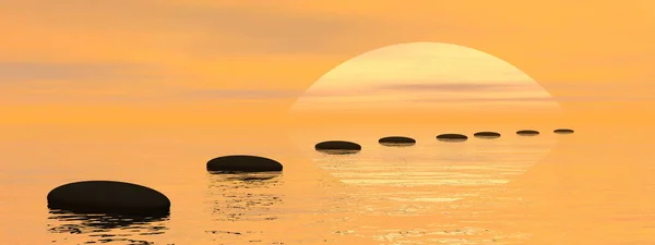 日落时黑色石头的Zen路径- 3D渲染 — 图库照片