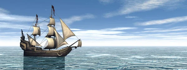 Piracki statek na wodzie - renderowanie 3D — Zdjęcie stockowe