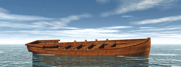 Pequeno barco de madeira na água renderizar 3D — Fotografia de Stock