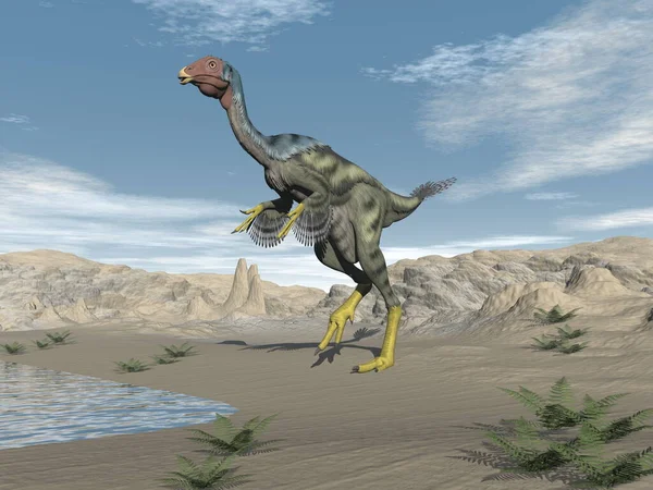 Çöldeki Caudipteryx dinozoru - 3 boyutlu görüntüleme — Stok fotoğraf