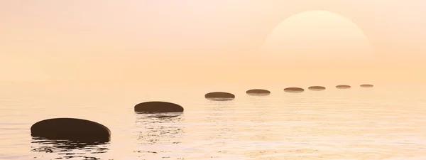 Chemin zen de pierres noires au coucher du soleil - rendu 3D — Photo