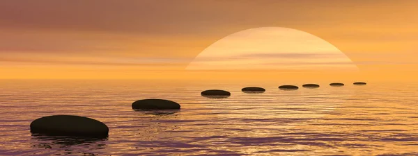 Gün batımına kadar siyah taşların Zen yolu - 3D render — Stok fotoğraf