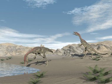 Çöldeki Compsognathus dinozorları - 3 boyutlu canlandırma