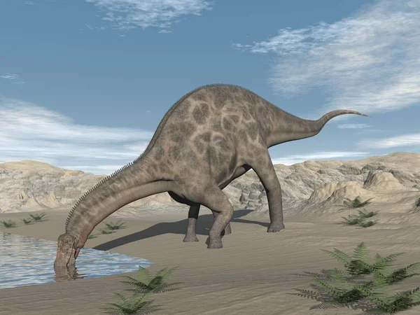 Dicraeosaurus dinosaur drinking in the desert - 3D render — Stock Photo, Image