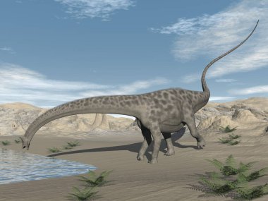 Diplodocus dinozoru çölde içiyor - 3 boyutlu canlandırma