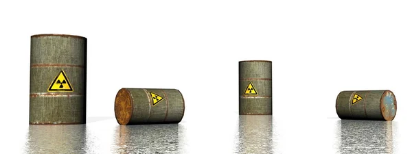 Four grey metallic toxic logo barrels - 3D render — Stock Photo, Image